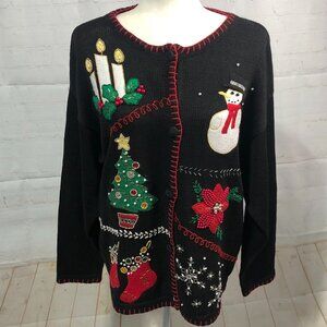 Victoria Jones Embroidered Christmas Cardigan Black Beaded Embellishments Size L